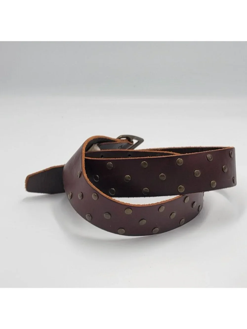 Vtg Y2K Boho  Brown Leather Studded Belt With Brass Buckle Unisex